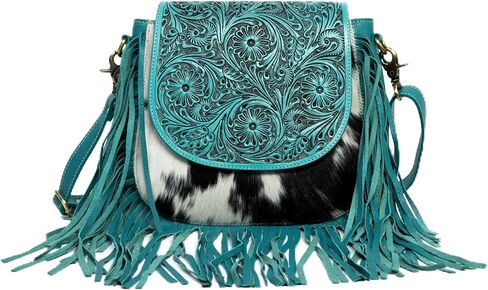 American Bison Turquoise Western Crossbody Bag – Saddle-Inspired Purse with Hair-On-Hide, Fringe & Filigree Flap in Saudi Arabia
