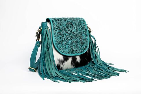 American Bison Turquoise Western Crossbody Bag – Saddle-Inspired Purse with Hair-On-Hide, Fringe & Filigree Flap in Saudi Arabia