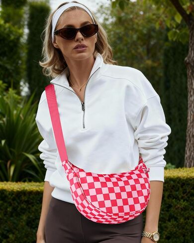 Crescent Crossbody Bags for Women - Nylon Small Crescent Crossbody Bags for Women Teen Girl Travel, Adjustable Strap, Large Capacity, Checkered in Saudi Arabia