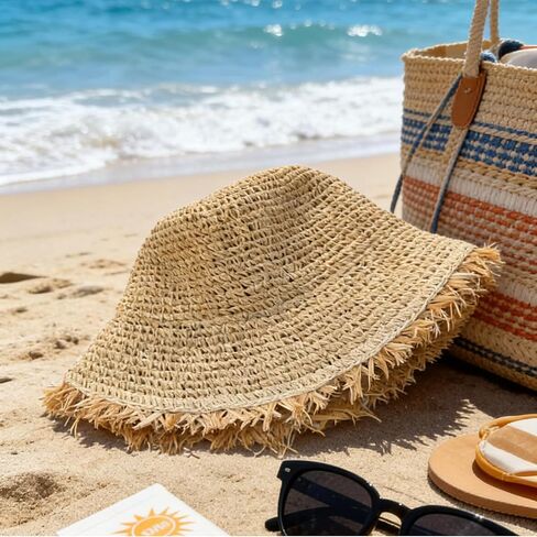 Floppy Beach Straw Hats for Women with Adjustable Drawstring, Large Summer Sun Hat Breathable Packable Bucket Hats Travel (23.6-24.4in) in Saudi Arabia