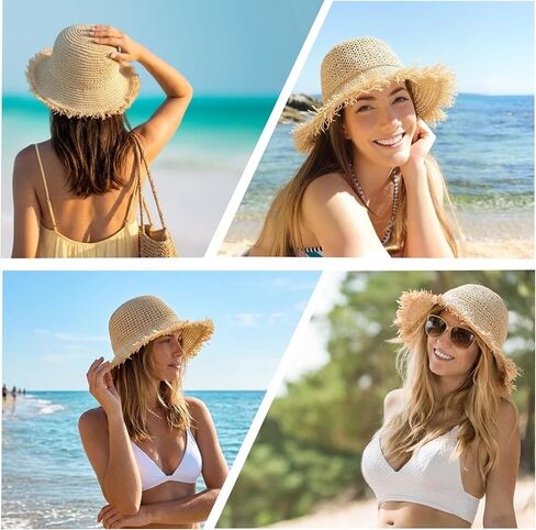 Floppy Beach Straw Hats for Women with Adjustable Drawstring, Large Summer Sun Hat Breathable Packable Bucket Hats Travel (23.6-24.4in) in Saudi Arabia