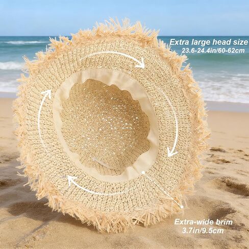 Floppy Beach Straw Hats for Women with Adjustable Drawstring, Large Summer Sun Hat Breathable Packable Bucket Hats Travel (23.6-24.4in) in Saudi Arabia