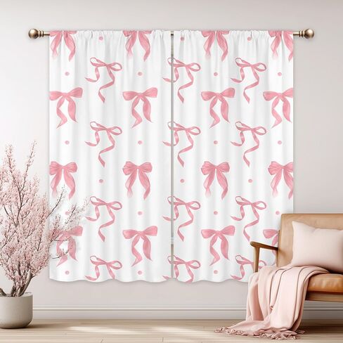 Girly Pink Bow Curtains for Girls Bedroom 42Wx63H Inch Rod Pocket Blush Pink Bownot Cute Kids Woman Pretty Girl 2 Panels Window Treatment Set for Living Room Decor in Saudi Arabia