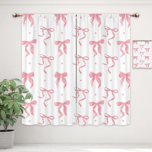 Girly Pink Bow Curtains for Girls Bedroom 42Wx63H Inch Rod Pocket Blush Pink Bownot Cute Kids Woman Pretty Girl 2 Panels Window Treatment Set for Living Room Decor in Saudi Arabia