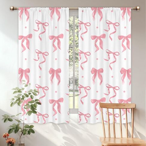 Girly Pink Bow Curtains for Girls Bedroom 42Wx63H Inch Rod Pocket Blush Pink Bownot Cute Kids Woman Pretty Girl 2 Panels Window Treatment Set for Living Room Decor in Saudi Arabia