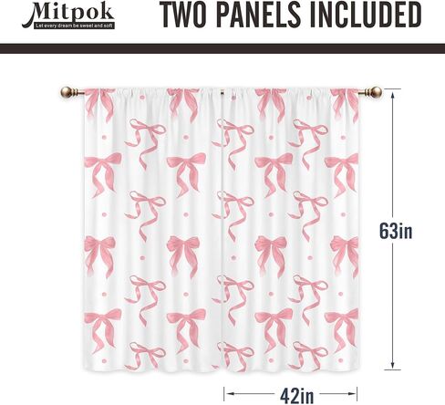 Girly Pink Bow Curtains for Girls Bedroom 42Wx63H Inch Rod Pocket Blush Pink Bownot Cute Kids Woman Pretty Girl 2 Panels Window Treatment Set for Living Room Decor in Saudi Arabia