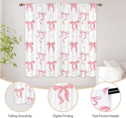 Girly Pink Bow Curtains for Girls Bedroom 42Wx63H Inch Rod Pocket Blush Pink Bownot Cute Kids Woman Pretty Girl 2 Panels Window Treatment Set for Living Room Decor in Saudi Arabia