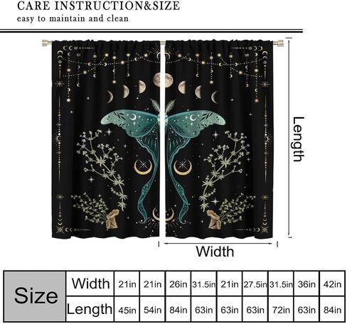 Beautiful Moth Curtain, Moon Phase Plant Mushroom Butterfly Gothic Witchy Celestial Boho Aesthetic Window Curtains for Bedroom Living Room Decor 42" W X 45" L in Saudi Arabia