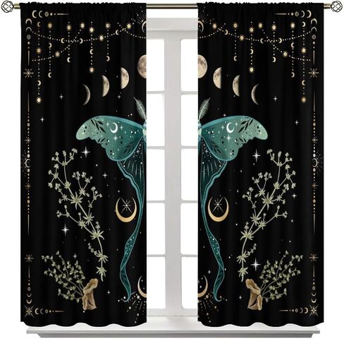 Beautiful Moth Curtain, Moon Phase Plant Mushroom Butterfly Gothic Witchy Celestial Boho Aesthetic Window Curtains for Bedroom Living Room Decor 42" W X 45" L in Saudi Arabia