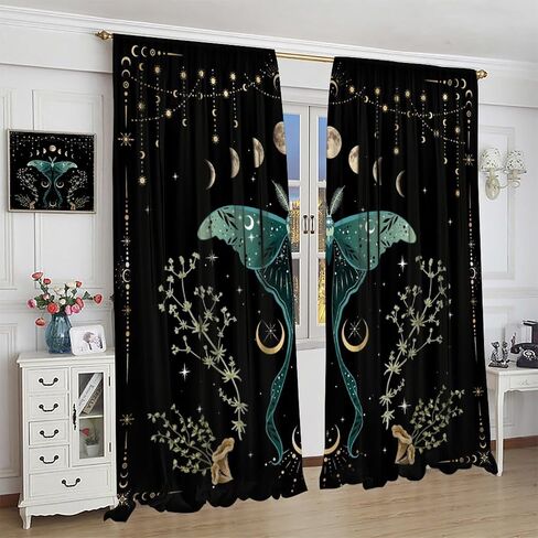 Beautiful Moth Curtain, Moon Phase Plant Mushroom Butterfly Gothic Witchy Celestial Boho Aesthetic Window Curtains for Bedroom Living Room Decor 42" W X 45" L in Saudi Arabia