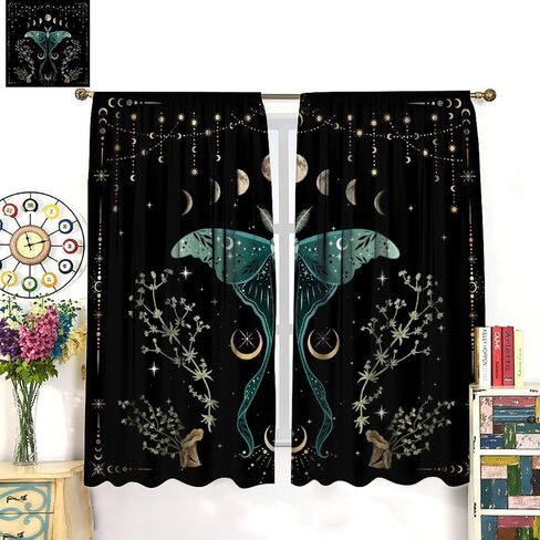 Beautiful Moth Curtain, Moon Phase Plant Mushroom Butterfly Gothic Witchy Celestial Boho Aesthetic Window Curtains for Bedroom Living Room Decor 42" W X 45" L in Saudi Arabia