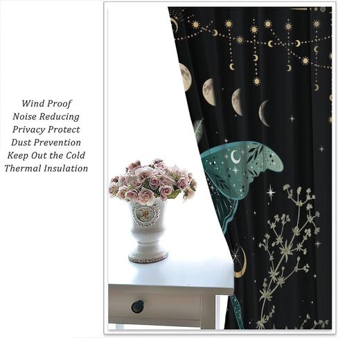 Beautiful Moth Curtain, Moon Phase Plant Mushroom Butterfly Gothic Witchy Celestial Boho Aesthetic Window Curtains for Bedroom Living Room Decor 42" W X 45" L in Saudi Arabia