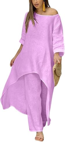 DMOYALA Women Linen Set - 2 Piece Linen Outfits with 3/4 Sleeve Dress & Wide Leg Pants in Saudi Arabia
