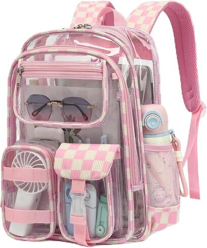Checkered Clear Backpack for Boys Girls Heavy Duty Clear Bookbag, Transparent PVC Backpacks for School, Travel, Stadiums, Concerts & Everyday Use-Cherry Bow Beige in Saudi Arabia
