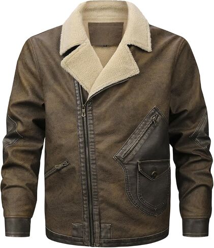 HOOD CREW Men’s Faux Leather Motorcycle Bomber Jacket Windproof Winter Coat Jackets with Shearling Lining in Kuwait
