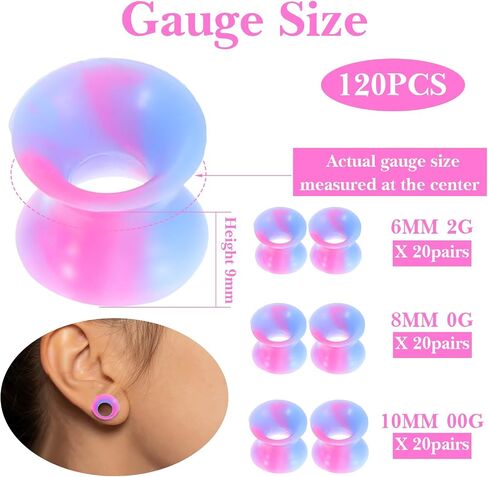 120 Pcs Silicone Ear Gauges, 2g/0g/00g Flexible Ear Tunnels Gauges Soft Expander Stretching Ear Plugs Tunnels Colorful Double Flared Flesh Ears Piercing Jewelry for Men Women in Kuwait