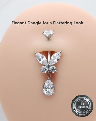 Titanium Butterfly Belly Button Ring Hypoallergenic 14G Internally Threaded Navel Piercing with Dangle Teardrop CZ for Sensitive Skin in Saudi Arabia