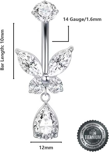 Titanium Butterfly Belly Button Ring Hypoallergenic 14G Internally Threaded Navel Piercing with Dangle Teardrop CZ for Sensitive Skin in Saudi Arabia