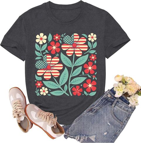 4th of July Shirts for Women Patriotic USA Tshirts American Flag Floral Flower Tee Tops in Kuwait