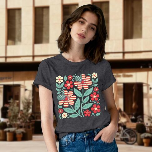 4th of July Shirts for Women Patriotic USA Tshirts American Flag Floral Flower Tee Tops in Kuwait