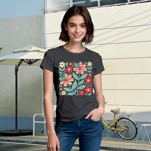 4th of July Shirts for Women Patriotic USA Tshirts American Flag Floral Flower Tee Tops in Kuwait