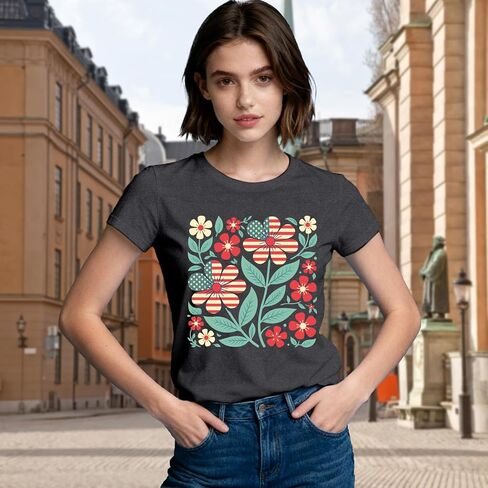 4th of July Shirts for Women Patriotic USA Tshirts American Flag Floral Flower Tee Tops in Kuwait