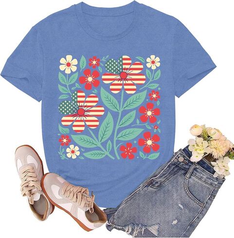 4th of July Shirts for Women Patriotic USA Tshirts American Flag Floral Flower Tee Tops in Kuwait