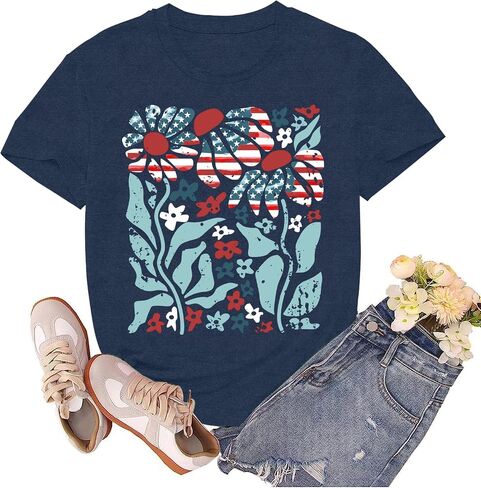 4th of July Shirts for Women Patriotic USA Tshirts American Flag Floral Flower Tee Tops in Kuwait