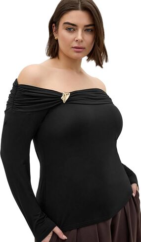 City Chic Plus Size Top - Buckle Off Shoulder Long Sleeve in Kuwait