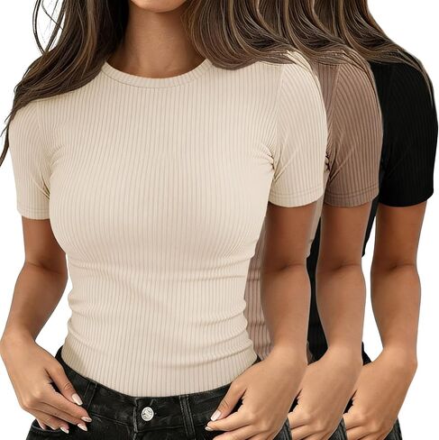 3 Pack Women's Ribbed T-Shirts Cotton Crew Neck Short Sleeve Basic Tees Fitted Tops Casual Shirts Spring Summer Tees in Saudi Arabia
