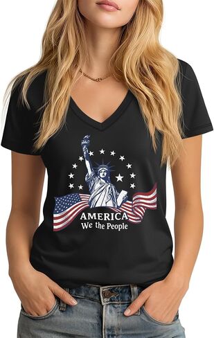 قمصان Huukeay 4th of July للنساء، تي شيرت وطني برقبة على شكل حرف V لعيد الاستقلال تي شيرت برسوم العلم الأمريكي in Kuwait
