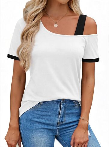 LilyCoco Womens Color Block Off The Shoulder Tops Asymmetrical Short Sleeve T Shirts in Saudi Arabia