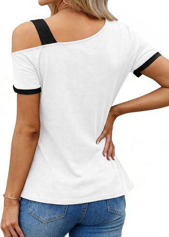 LilyCoco Womens Color Block Off The Shoulder Tops Asymmetrical Short Sleeve T Shirts in Saudi Arabia