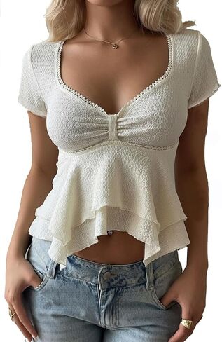 Women's Elegant Summer Casual Sweetheart Neck Apricot Short Sleeve T-Shirt Pleated Semi-Sheer Flared Hem Tops in Saudi Arabia