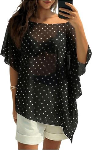 Milumia Women's Asymmetrical Polka Dots Sheer Top Off The Shoulder Flowy Going Out Poncho Tops in Kuwait