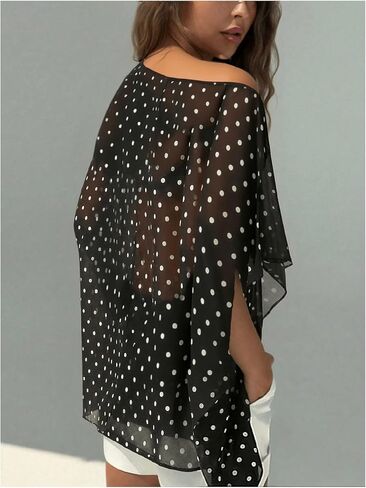 Milumia Women's Asymmetrical Polka Dots Sheer Top Off The Shoulder Flowy Going Out Poncho Tops in Kuwait