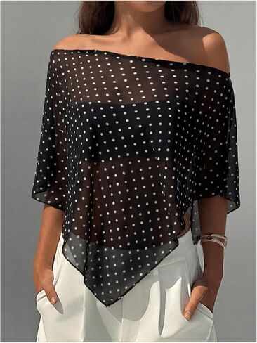 Milumia Women's Asymmetrical Polka Dots Sheer Top Off The Shoulder Flowy Going Out Poncho Tops in Kuwait