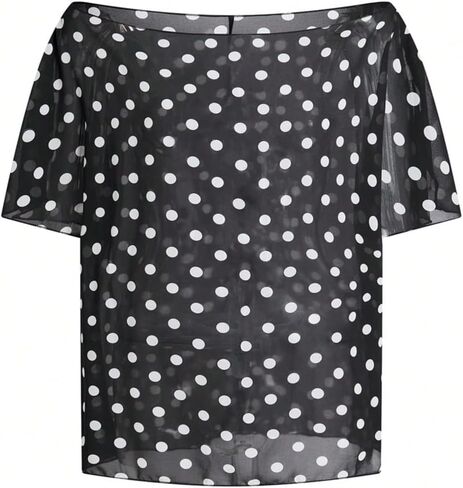 Milumia Women's Asymmetrical Polka Dots Sheer Top Off The Shoulder Flowy Going Out Poncho Tops in Kuwait