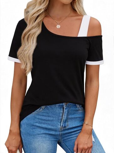 LilyCoco Womens Color Block Off The Shoulder Tops Asymmetrical Short Sleeve T Shirts in Saudi Arabia