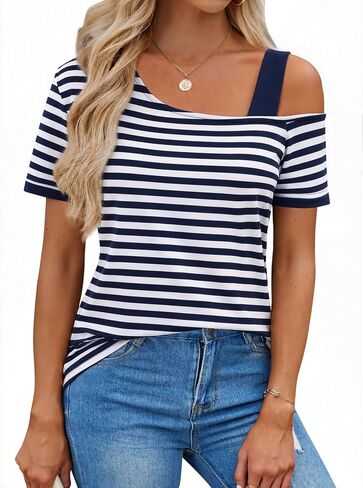 LilyCoco Womens Color Block Off The Shoulder Tops Asymmetrical Short Sleeve T Shirts in Saudi Arabia