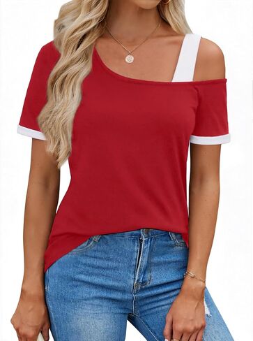 LilyCoco Womens Color Block Off The Shoulder Tops Asymmetrical Short Sleeve T Shirts in Saudi Arabia