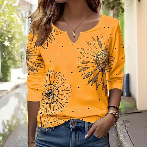 Short Sleeve Tops for Women Summer V-Neck Orange Floral Print Tee Shirt in Kuwait