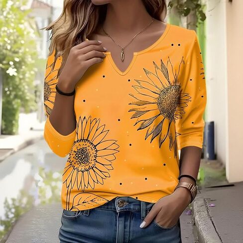 Short Sleeve Tops for Women Summer V-Neck Orange Floral Print Tee Shirt in Kuwait