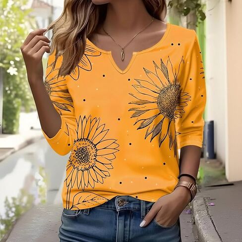 Short Sleeve Tops for Women Summer V-Neck Orange Floral Print Tee Shirt in Kuwait