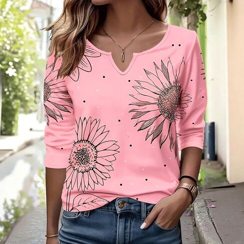 Short Sleeve Tops for Women Summer V-Neck Orange Floral Print Tee Shirt in Kuwait