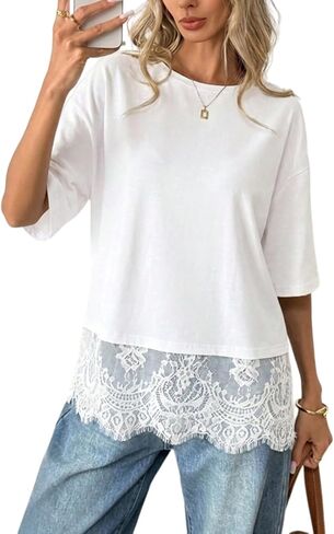 2026 Women Lace Trim T-Shirts Trendy Summer Crewneck Short Sleeve Shirt Fashion Oversized Y2k Tees Going Out Tops in Saudi Arabia