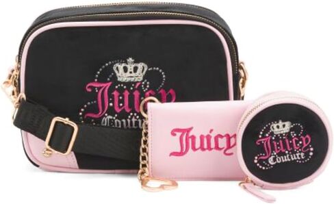 مجموعة حقيبة كاميرا من القطيفة ذات الدخول المزدوج من Juicy Couture Heritage مكونة من 4 قطع مع حقيبة بمشبك وحافظة للبطاقات وحزام منسوج، باللونين الأسود والوردي، بعرض 8.5 بوصة × ارتفاع 6.5 بوصة in Kuwait