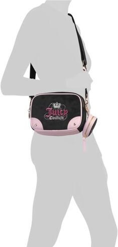 مجموعة حقيبة كاميرا من القطيفة ذات الدخول المزدوج من Juicy Couture Heritage مكونة من 4 قطع مع حقيبة بمشبك وحافظة للبطاقات وحزام منسوج، باللونين الأسود والوردي، بعرض 8.5 بوصة × ارتفاع 6.5 بوصة in Kuwait