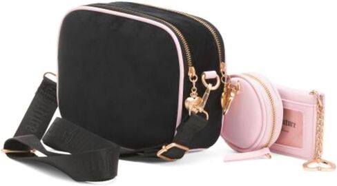 مجموعة حقيبة كاميرا من القطيفة ذات الدخول المزدوج من Juicy Couture Heritage مكونة من 4 قطع مع حقيبة بمشبك وحافظة للبطاقات وحزام منسوج، باللونين الأسود والوردي، بعرض 8.5 بوصة × ارتفاع 6.5 بوصة in Kuwait