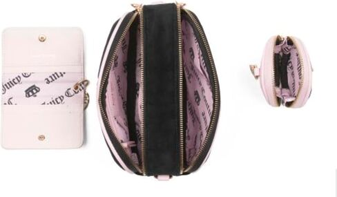مجموعة حقيبة كاميرا من القطيفة ذات الدخول المزدوج من Juicy Couture Heritage مكونة من 4 قطع مع حقيبة بمشبك وحافظة للبطاقات وحزام منسوج، باللونين الأسود والوردي، بعرض 8.5 بوصة × ارتفاع 6.5 بوصة in Kuwait